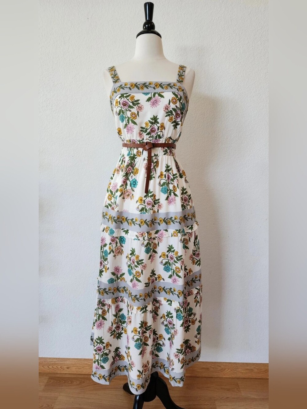 Floral Print White Maxi Sundress with Brown Belt